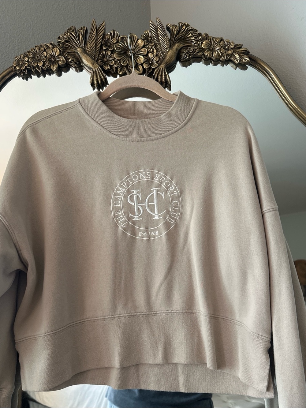 Abercrombie & Fitch Cropped Crewneck Sweatshirt in Beige with White Logo